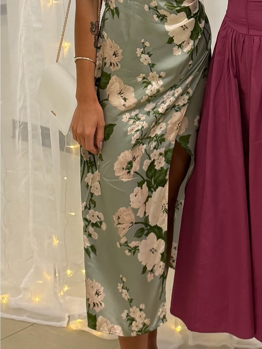 Reformation Marguerite Tarragon Floral Satin Strapless Slip Dress with Side Slit - Picture 4 of 5